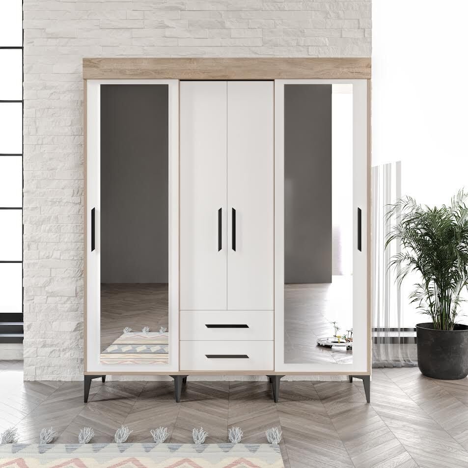 Ildır Çift Sürgülü 2 Kapaklı 2 Çekmeceli Gardrop Beyaz Tamamı Mdf