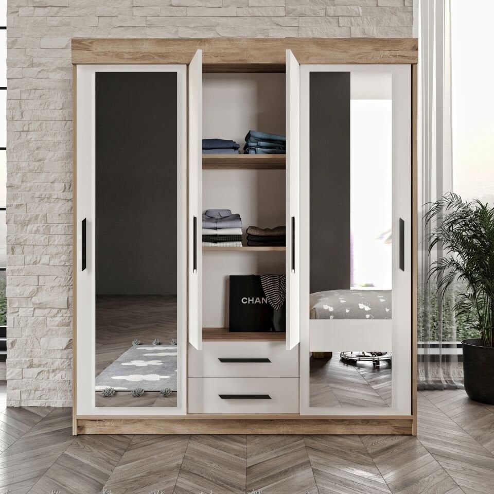 Ildır Çift Sürgülü 2 Kapaklı 2 Çekmeceli Gardrop Beyaz Tamamı Mdf