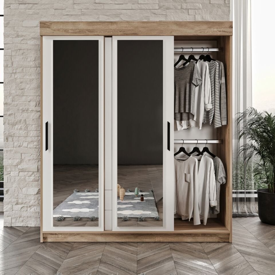 Ildır Çift Sürgülü 2 Kapaklı 2 Çekmeceli Gardrop Beyaz Tamamı Mdf