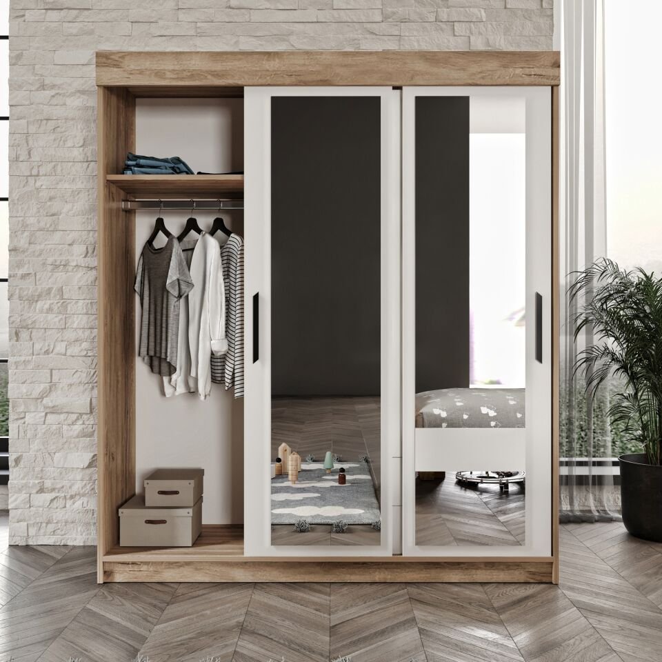 Ildır Çift Sürgülü 2 Kapaklı 2 Çekmeceli Gardrop Beyaz Tamamı Mdf