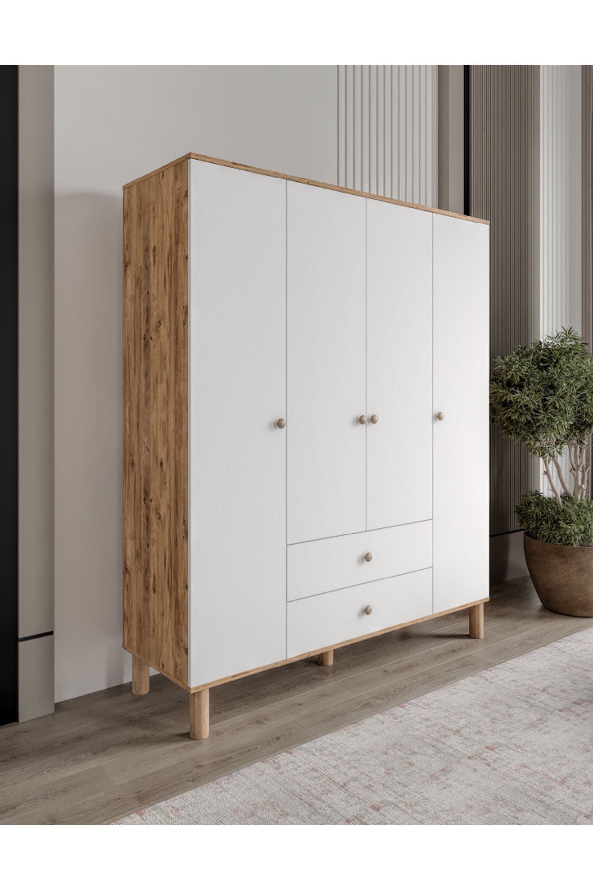 Bergama 4 Kapaklı 2 Çekmeceli Gardrop Tamamı Mdf