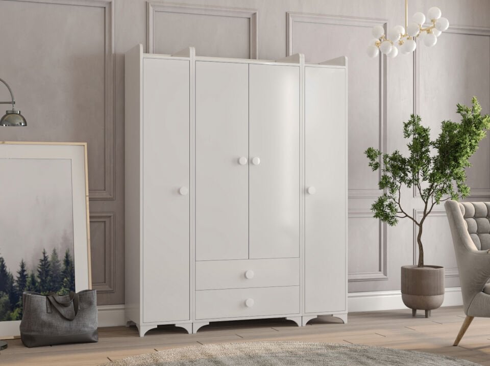 Swing 4 Kapaklı 2 Çekmeceli Gardrop Ayrılabilir Beyaz