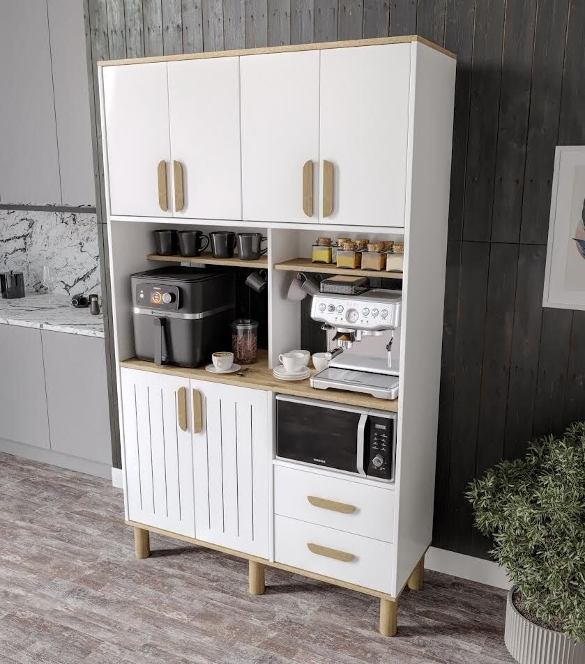 Sirius Kahve Köşesi 6 Kapaklı 2 Çekmeceli Ve Çok Amaçlı Dolap Tamamı Mdf Beyaz Flora