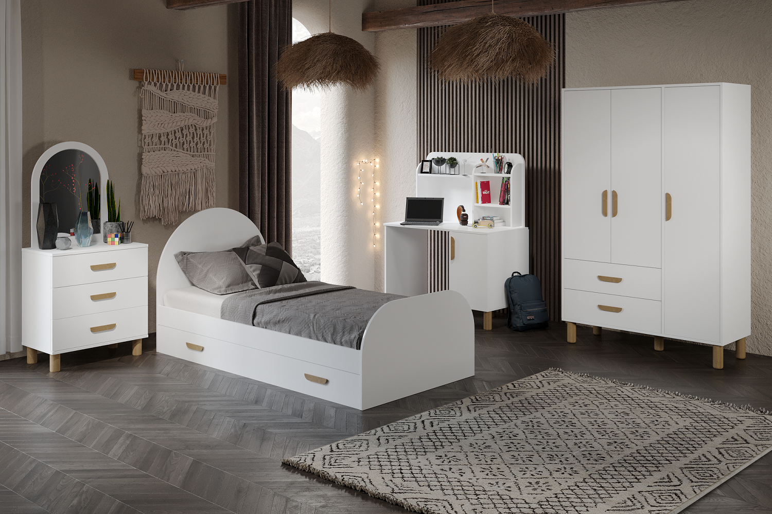 Yavru Yataklı Bohem Cocuk Odası Takımı Tamamı Mdf Beyaz