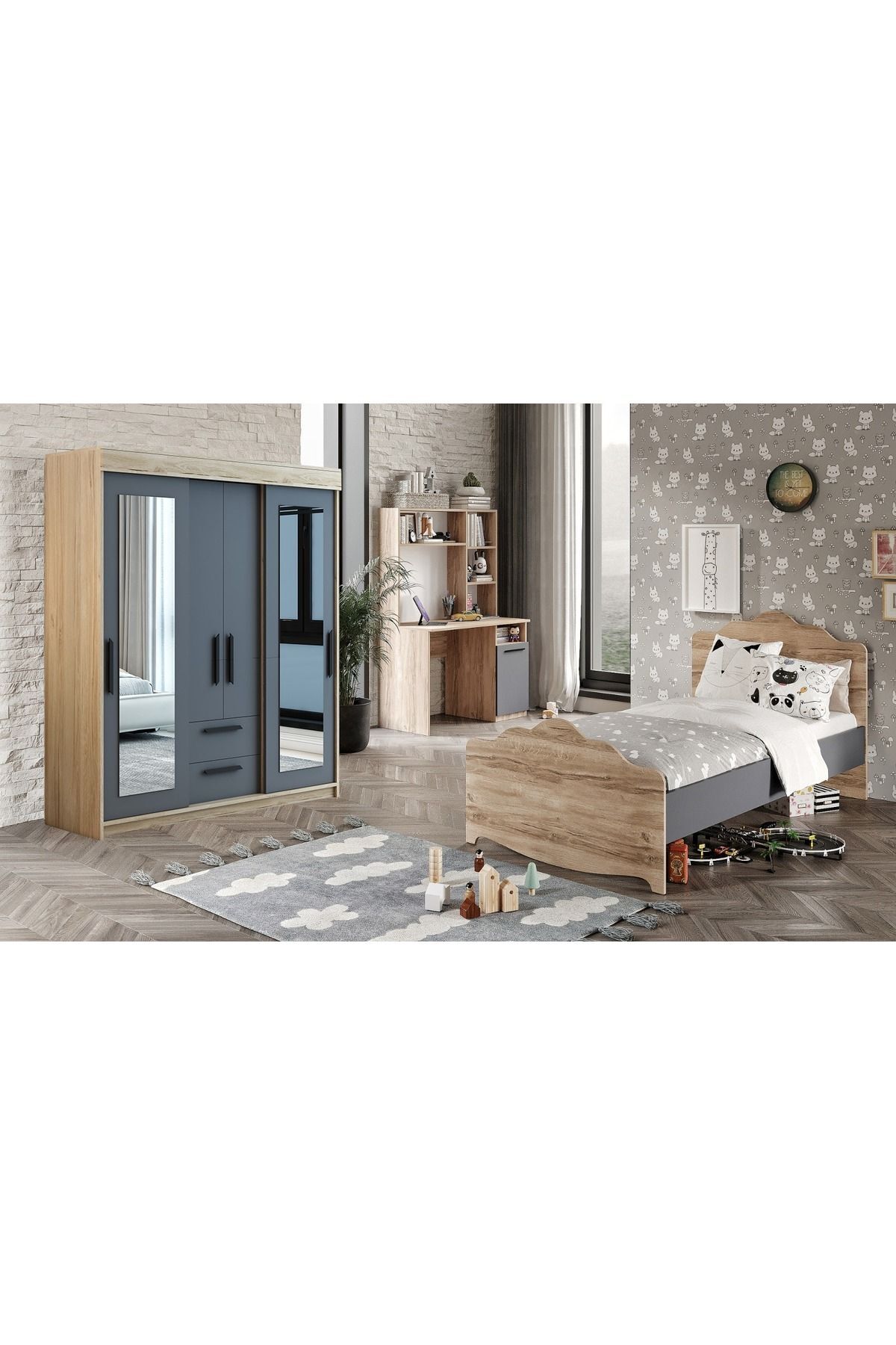 İzmir Çocuk Odası Takımı Aynalı Tamamı Mdf Flora Beyaz Aynalı