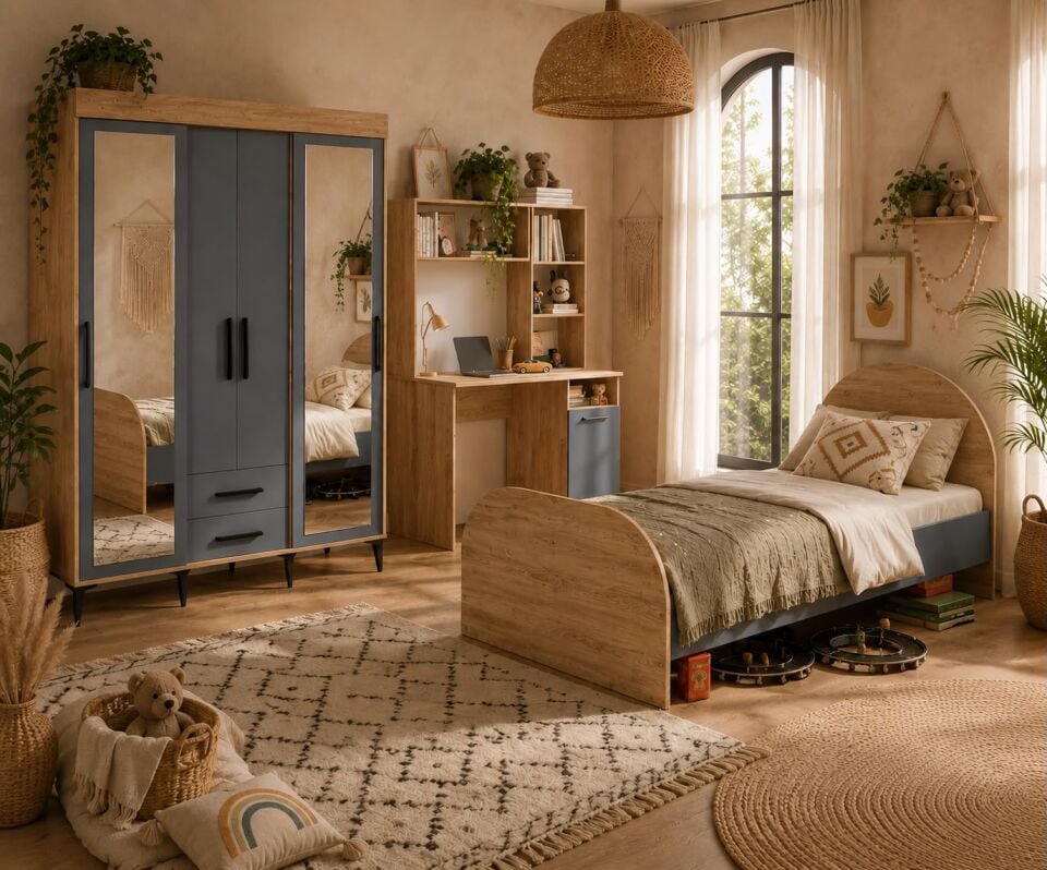 İzmir Çocuk Odası Takımı Aynalı Tamamı Mdf Flora Beyaz Aynalı