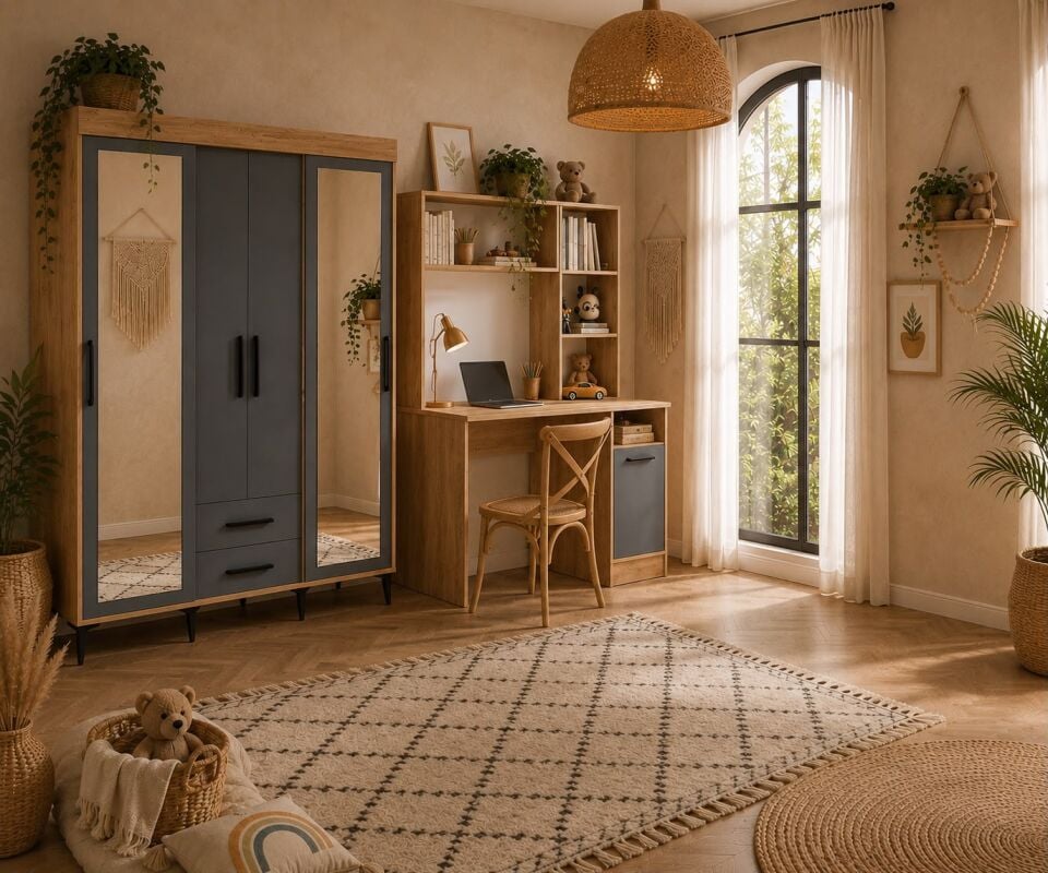 İzmir Çocuk Odası Takımı Aynalı Tamamı Mdf Flora Beyaz Aynalı