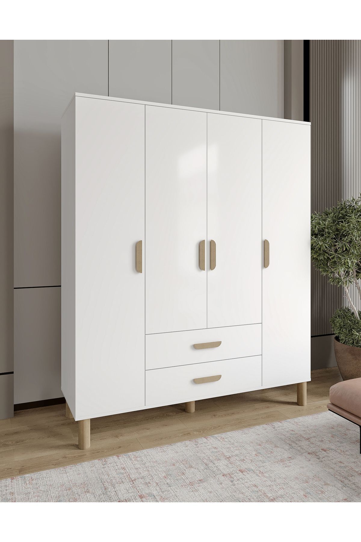 Güneş 4 Kapaklı 2 Çekmeceli Tamamı Mdf Gardrop Beyaz