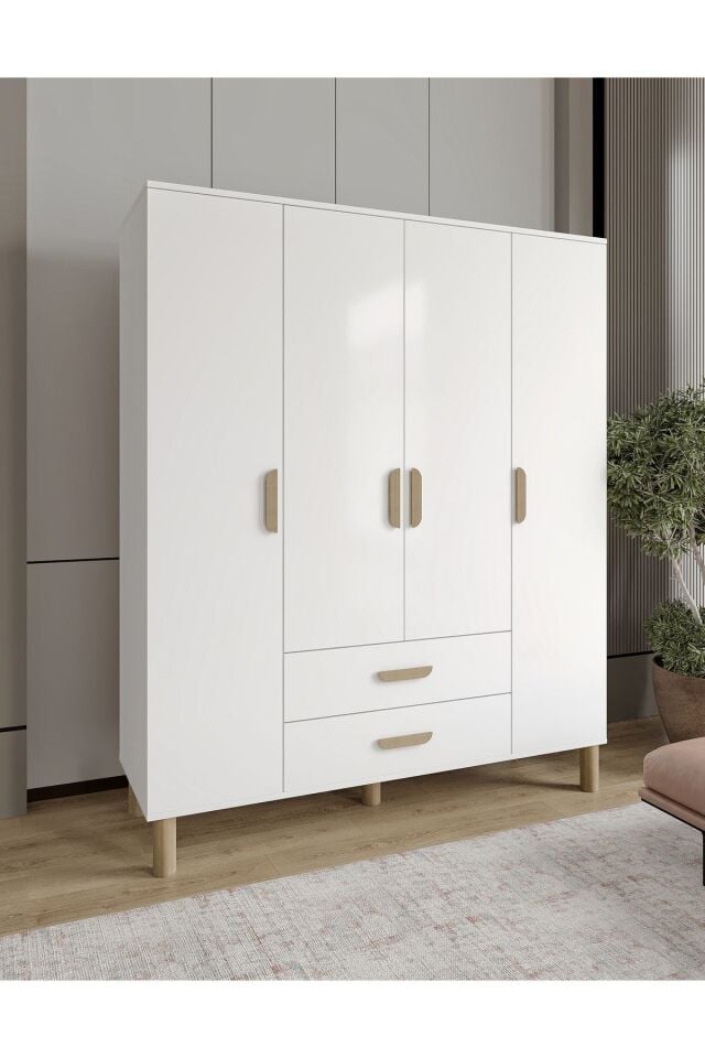 Güneş 4 Kapaklı 2 Çekmeceli Tamamı Mdf Gardrop Beyaz
