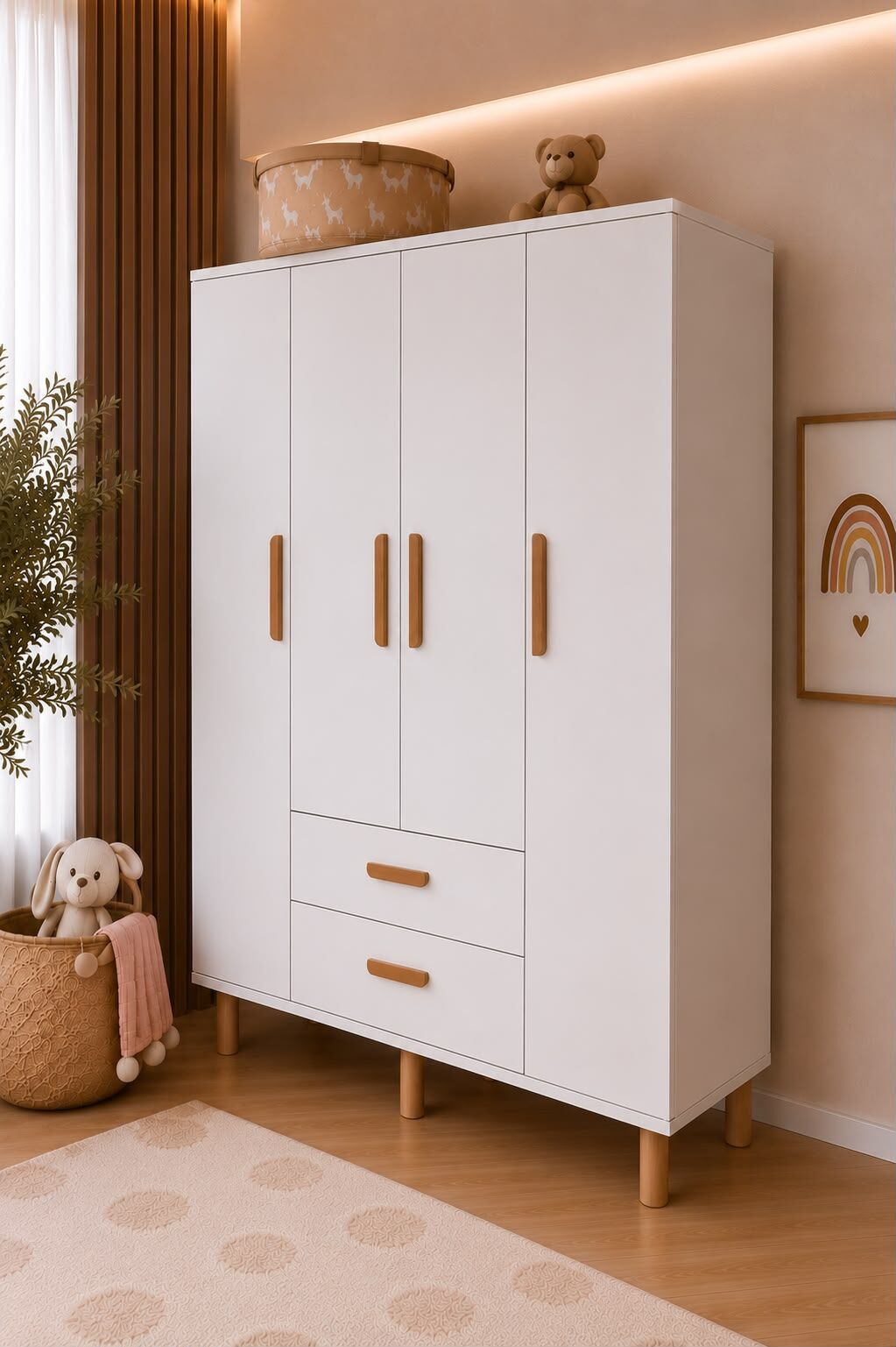 Güneş 4 Kapaklı 2 Çekmeceli Tamamı Mdf Gardrop Beyaz