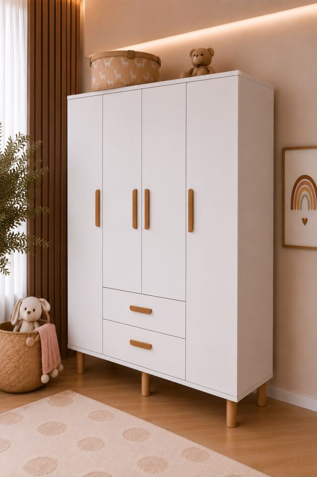 Güneş 4 Kapaklı 2 Çekmeceli Tamamı Mdf Gardrop Beyaz