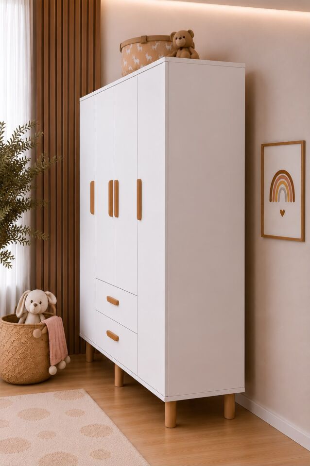 Güneş 4 Kapaklı 2 Çekmeceli Tamamı Mdf Gardrop Beyaz