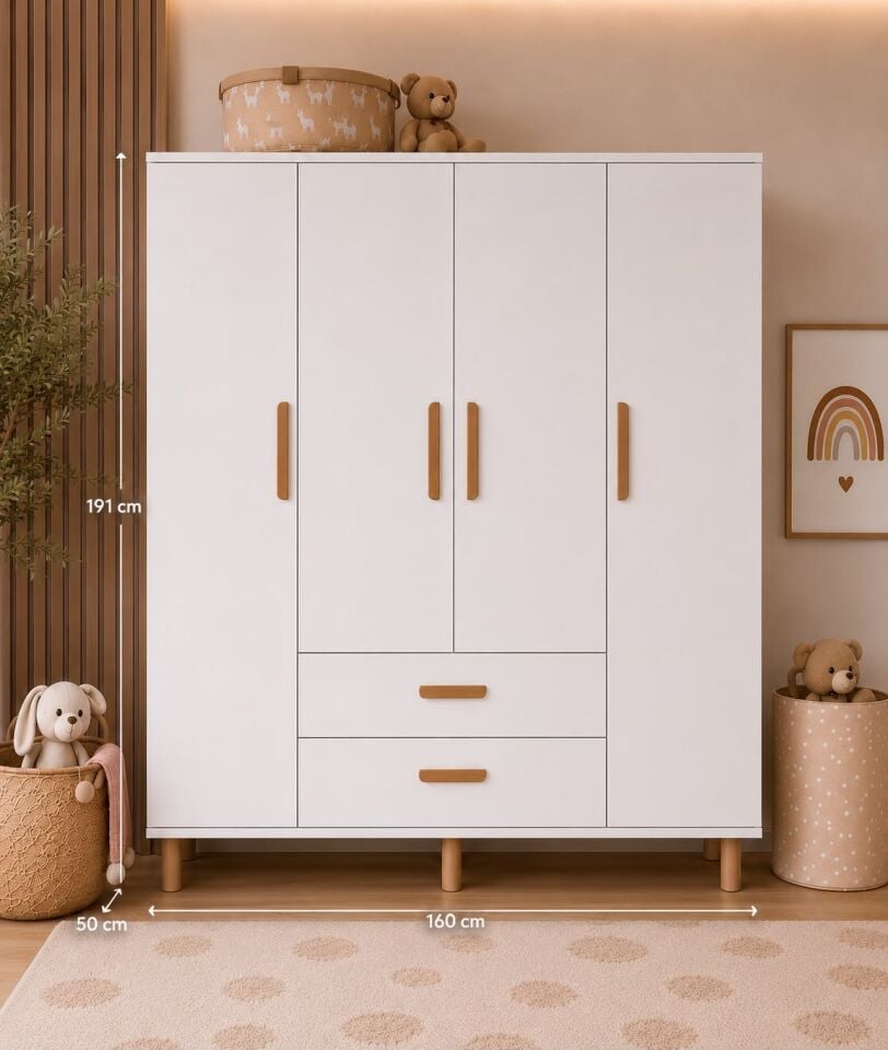 Güneş 4 Kapaklı 2 Çekmeceli Tamamı Mdf Gardrop Beyaz