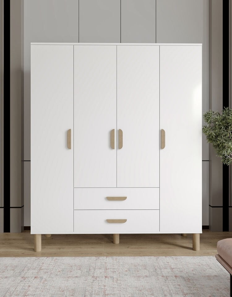 Güneş 4 Kapaklı 2 Çekmeceli Tamamı Mdf Gardrop Beyaz