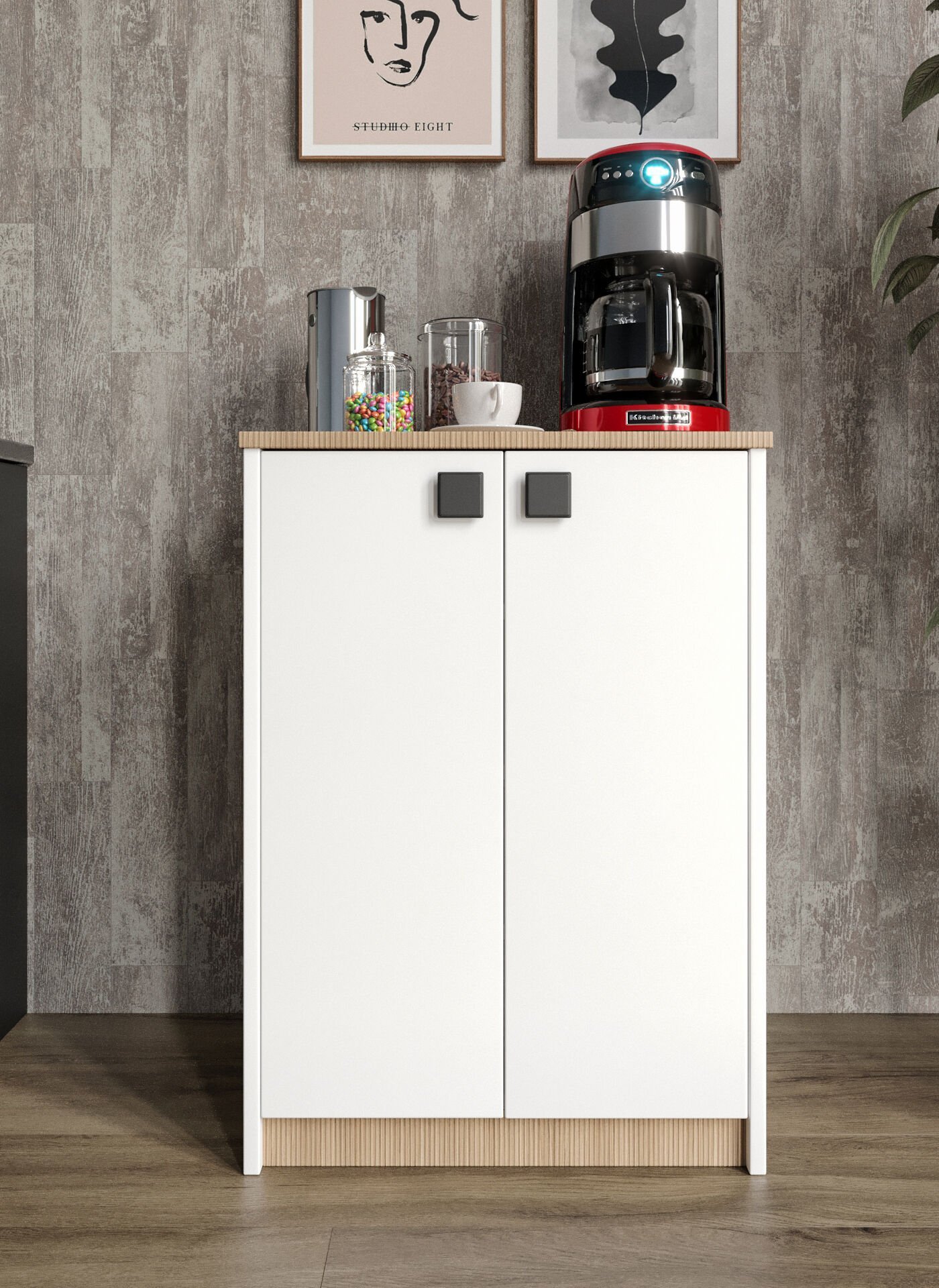 Lina Kahve Köşesi Ve Çok Amaçlı Dolap Tamamı Mdf Beyaz Garden Meşe