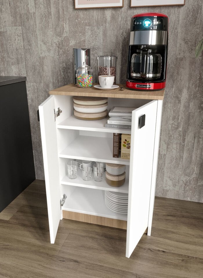 Lina Kahve Köşesi Ve Çok Amaçlı Dolap Tamamı Mdf Beyaz Garden Meşe