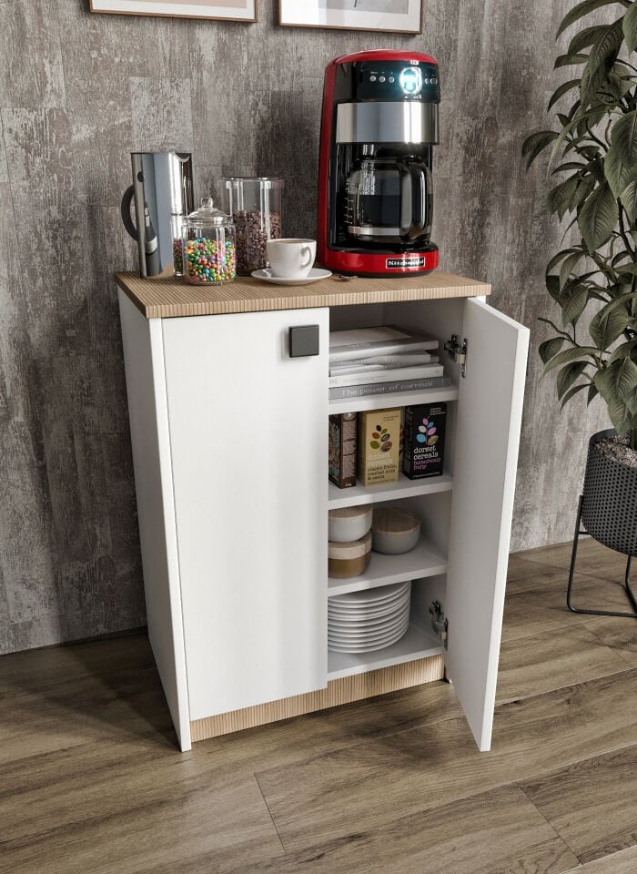 Lina Kahve Köşesi Ve Çok Amaçlı Dolap Tamamı Mdf Beyaz Garden Meşe