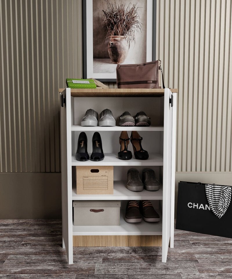 Ayakkabılık Ve Çok Amaçlı Dolap Tamamı Mdf Beyaz Garden Meşe