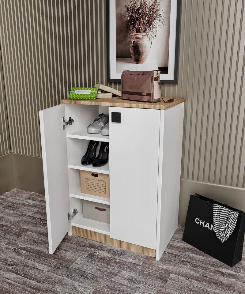 Ayakkabılık Ve Çok Amaçlı Dolap Tamamı Mdf Beyaz Garden Meşe