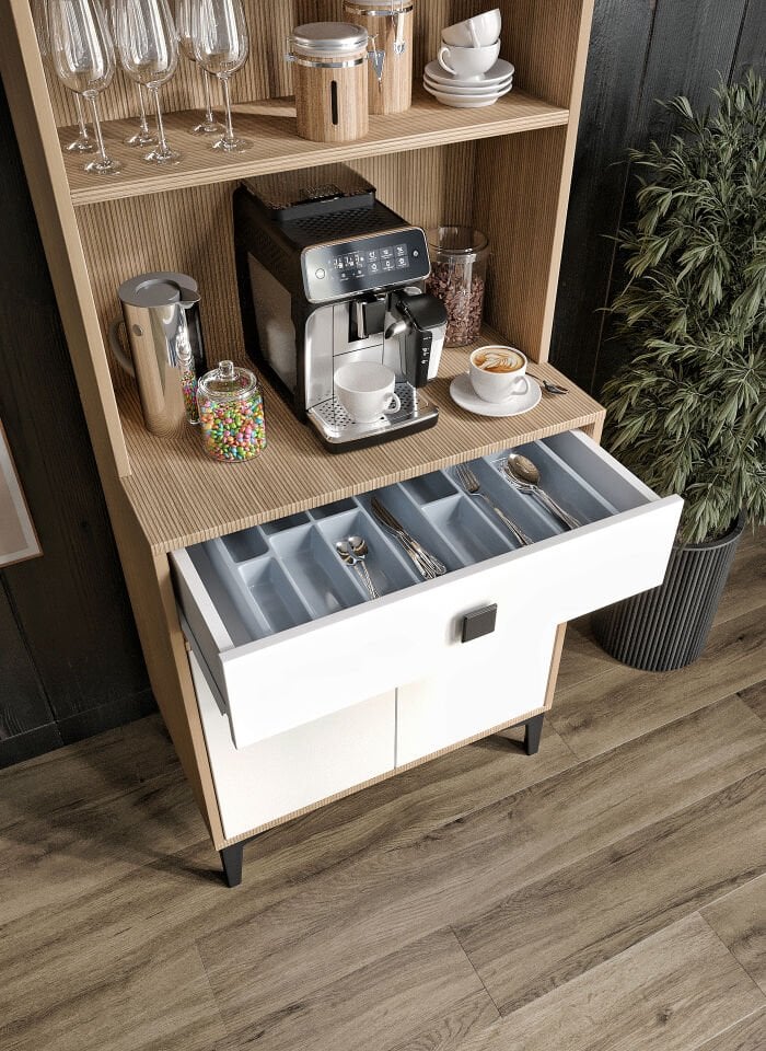 Venüs Kahve Köşesi 2 Kapaklı Tek Çekmeceli Ve Çok Amaçlı Dolap Tamamı Mdf Beyaz Garden Meşe