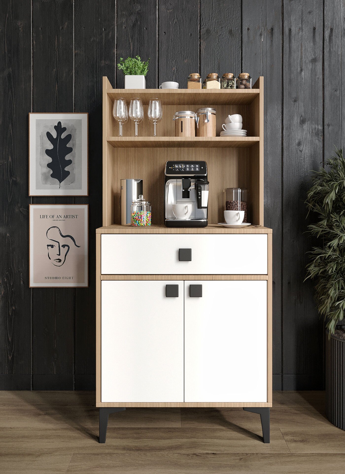 Venüs Kahve Köşesi 2 Kapaklı Tek Çekmeceli Ve Çok Amaçlı Dolap Tamamı Mdf Beyaz Garden Meşe