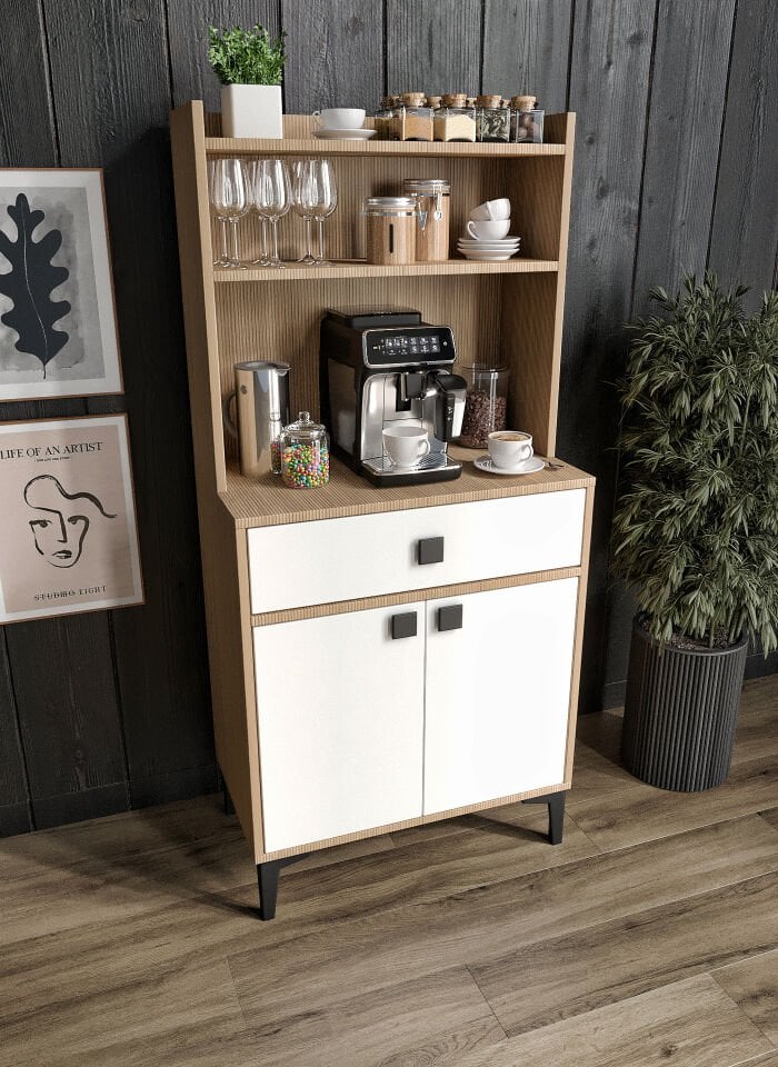 Venüs Kahve Köşesi 2 Kapaklı Tek Çekmeceli Ve Çok Amaçlı Dolap Tamamı Mdf Beyaz Garden Meşe