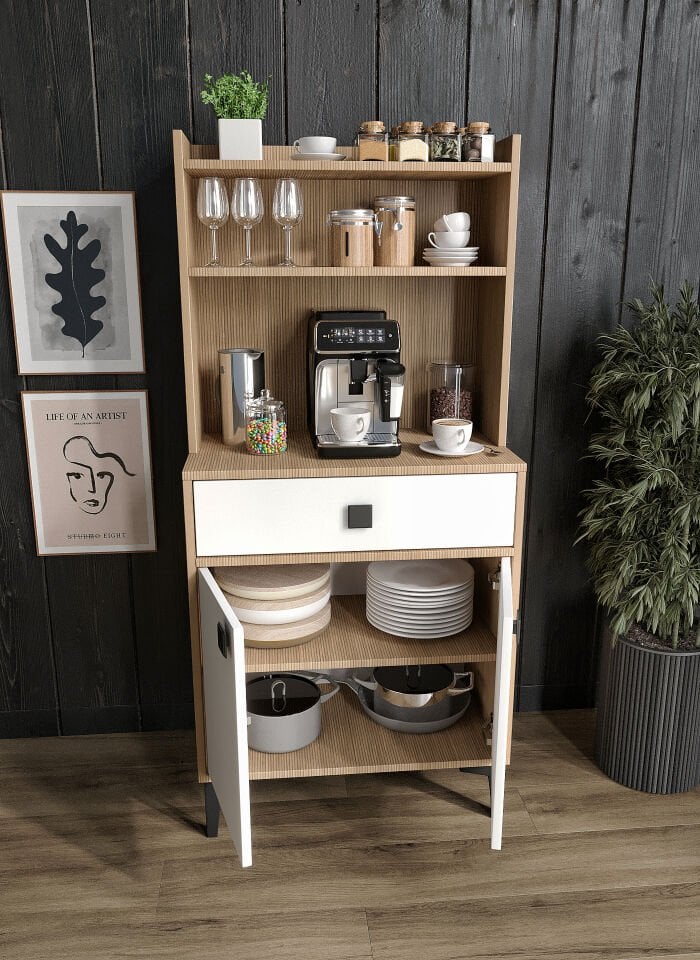 Venüs Kahve Köşesi 2 Kapaklı Tek Çekmeceli Ve Çok Amaçlı Dolap Tamamı Mdf Beyaz Garden Meşe