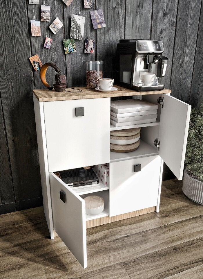 Asya Kahve Köşesi Ve Çok Amaçlı Dolap Tamamı Mdf Beyaz Garden Meşe