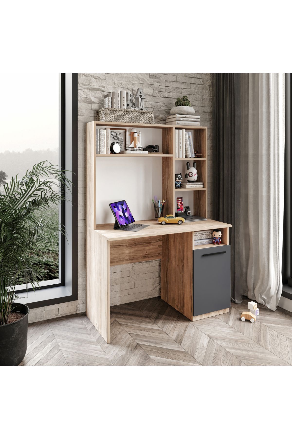 İzmir Çalışma Masası Flora Antrasit Tamamı Mdf