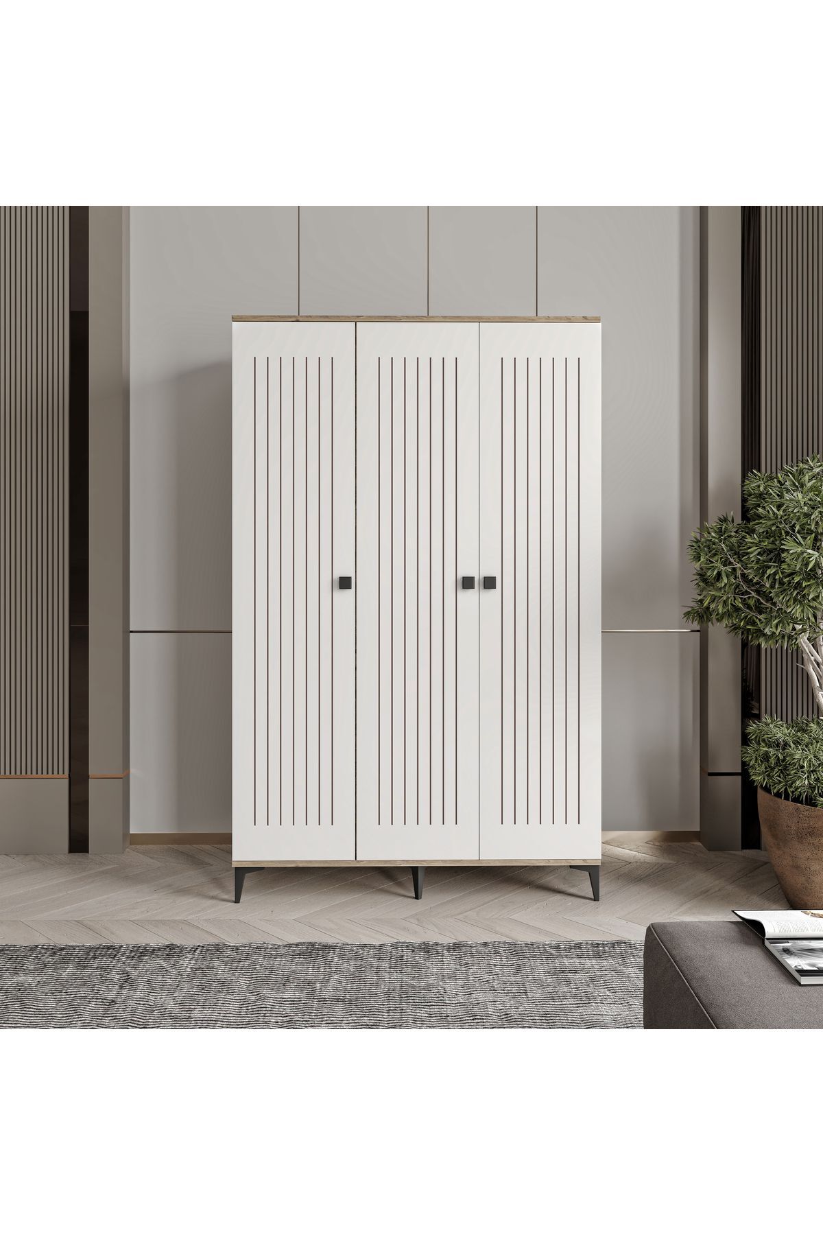 Kare 3 Kapaklı  Gardrop Tamamı Mdf( Atlas Çam Beyaz )