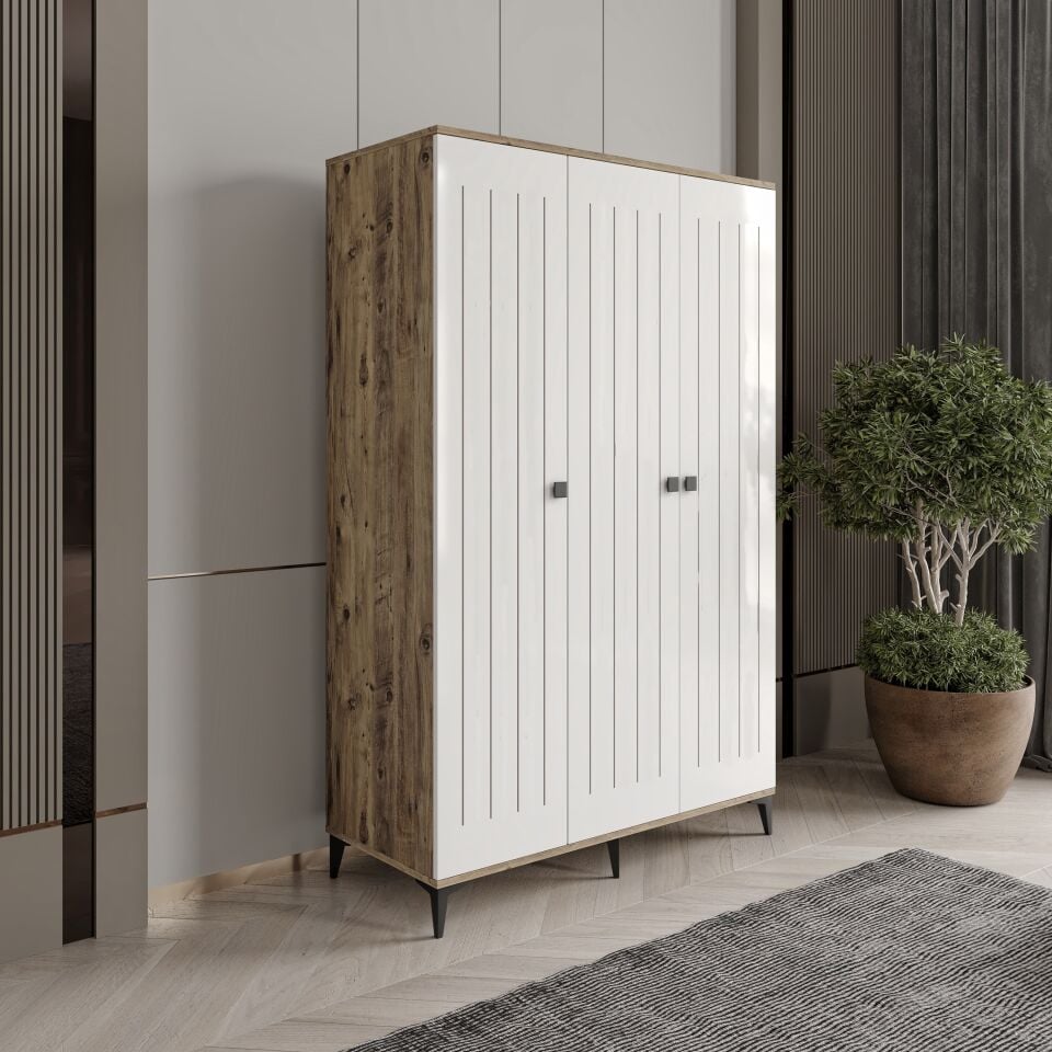 Kare 3 Kapaklı  Gardrop Tamamı Mdf( Atlas Çam Beyaz )