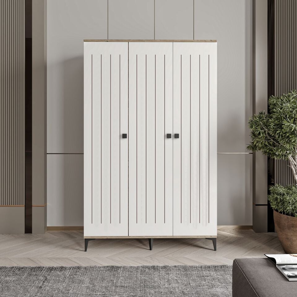 Kare 3 Kapaklı  Gardrop Tamamı Mdf( Atlas Çam Beyaz )