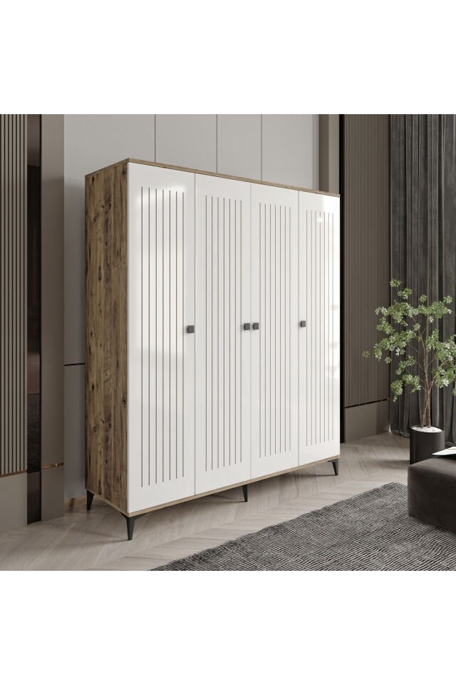 Arya 4 Kapaklı  Gardrop Tamamı Mdf( Atlas Çam Beyaz )