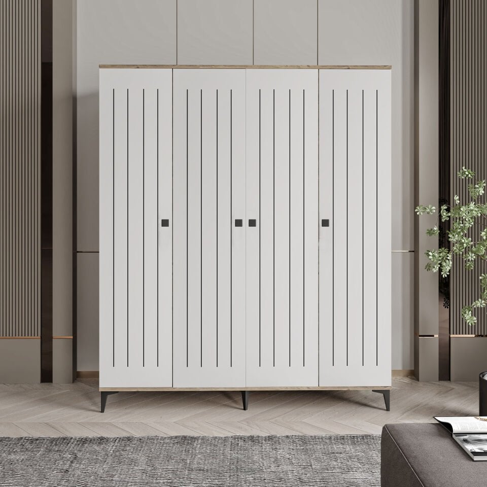 Arya 4 Kapaklı  Gardrop Tamamı Mdf( Atlas Çam Beyaz )