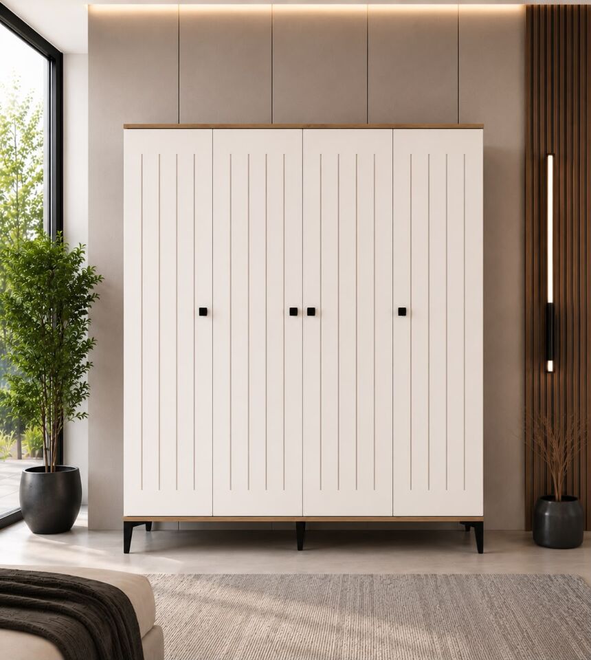 Arya 4 Kapaklı  Gardrop Tamamı Mdf( Atlas Çam Beyaz )