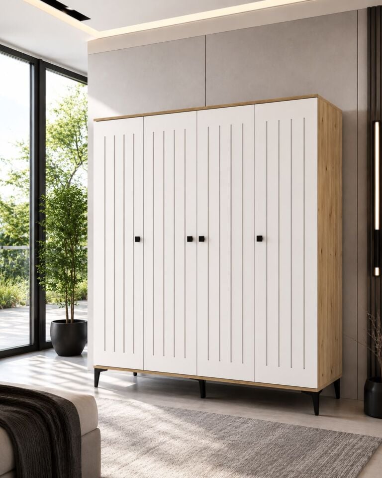 Arya 4 Kapaklı  Gardrop Tamamı Mdf( Atlas Çam Beyaz )