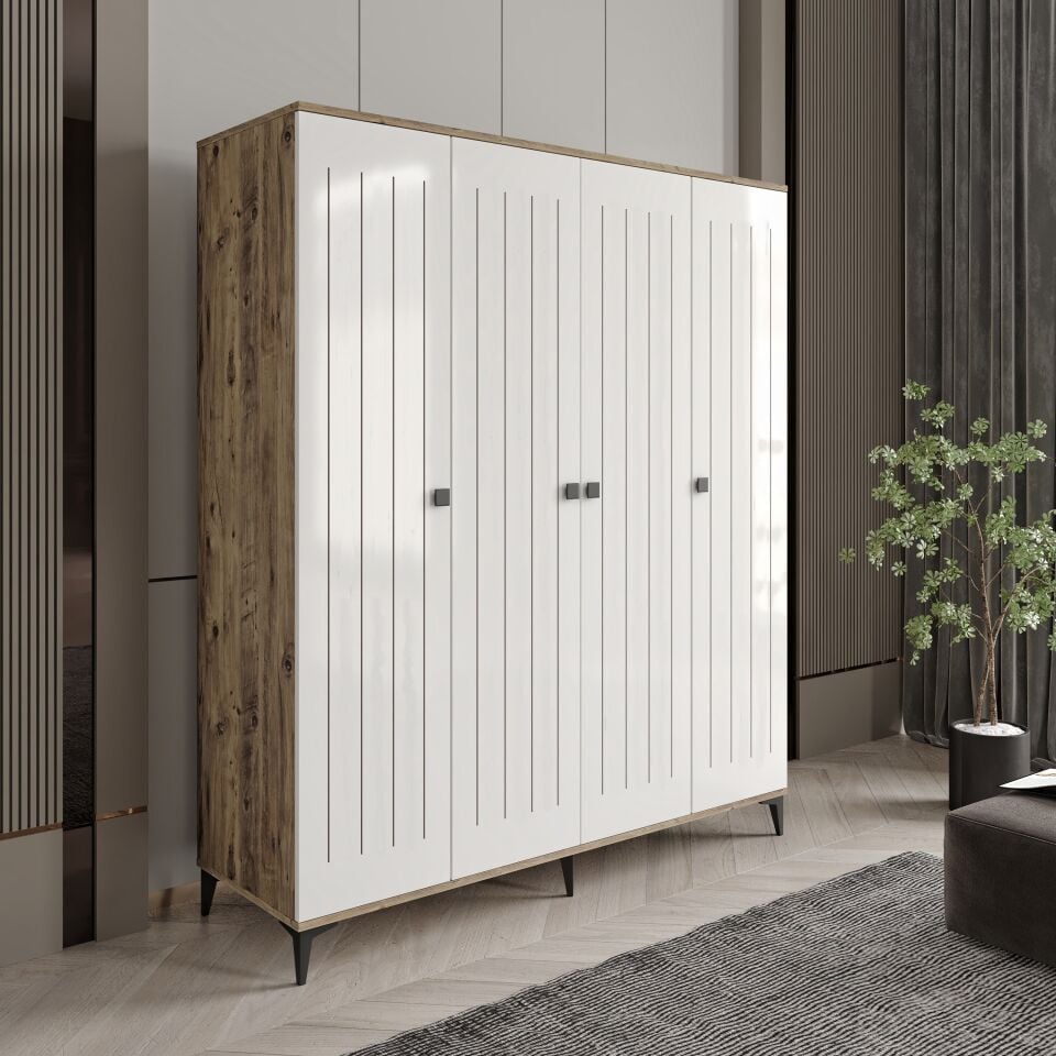 Arya 4 Kapaklı  Gardrop Tamamı Mdf( Atlas Çam Beyaz )
