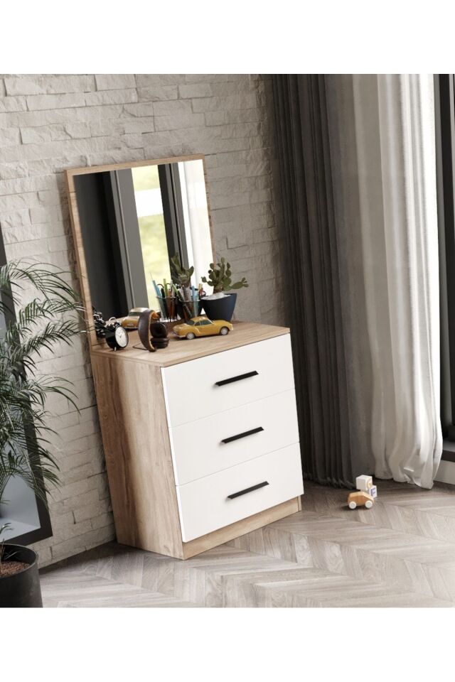 3 Çekmeceli Şifonyer Aynalı Tamamı Mdf  Flora Beyaz