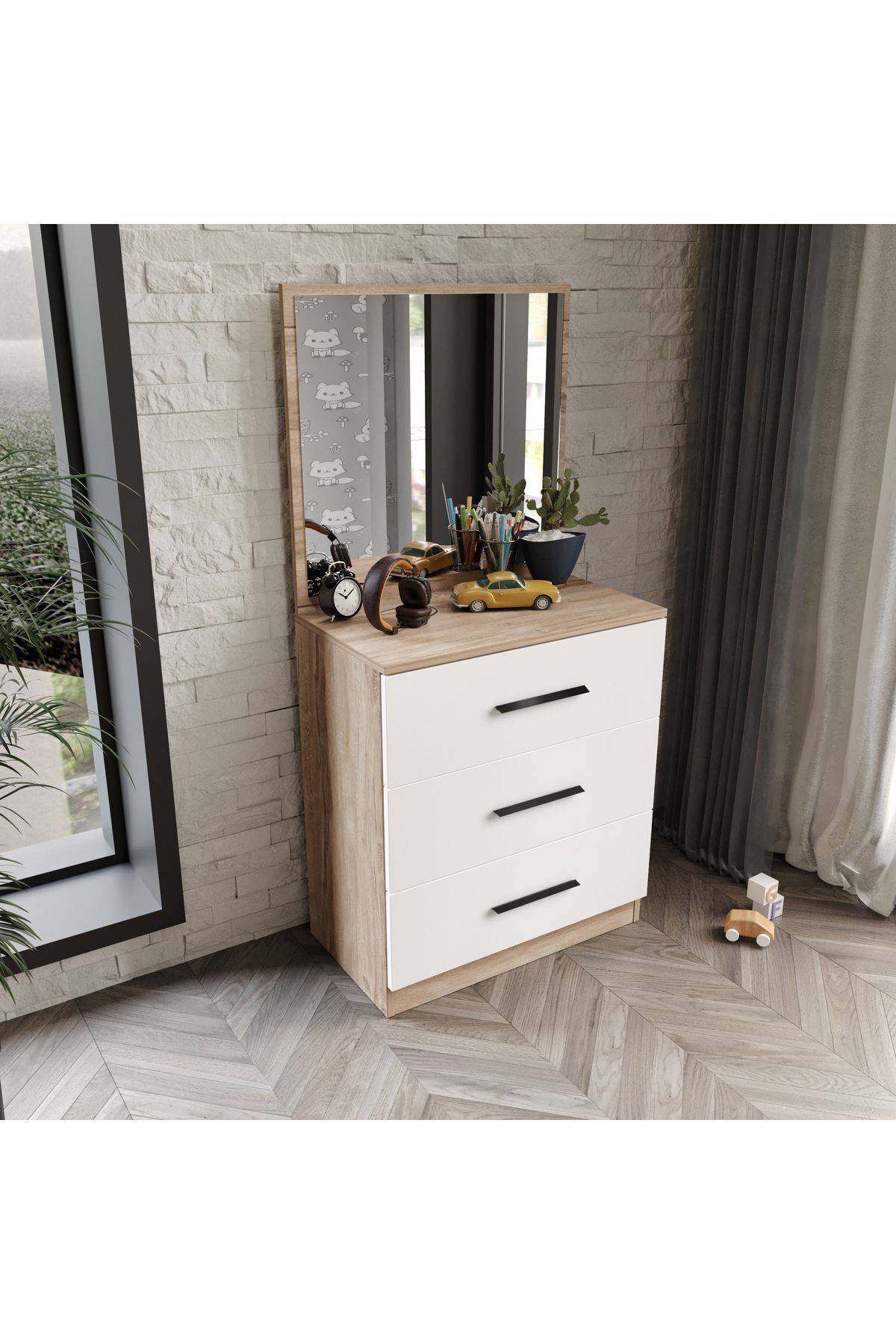3 Çekmeceli Şifonyer Aynalı Tamamı Mdf  Flora Beyaz