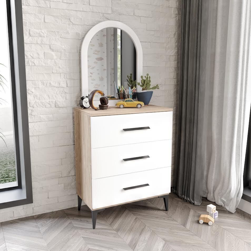 Ildır 3 Çekmeceli Şifonyer Aynalı Tamamı Mdf  Flora Beyaz
