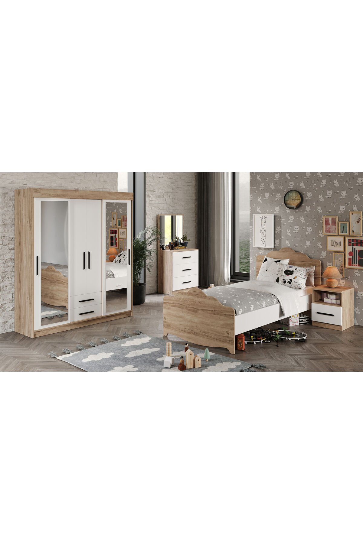 Ildır Çocuk Odası Takımı 4 Parça Tamamı Mdf Flora Beyaz Aynalı