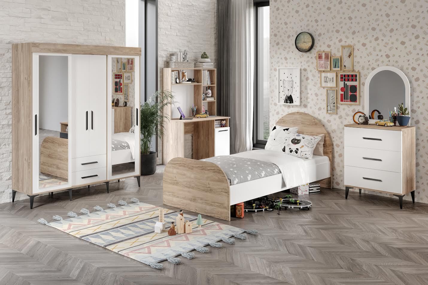 Ildır Çocuk Odası Takımı 4 Parça Tamamı Mdf Flora Beyaz Aynalı