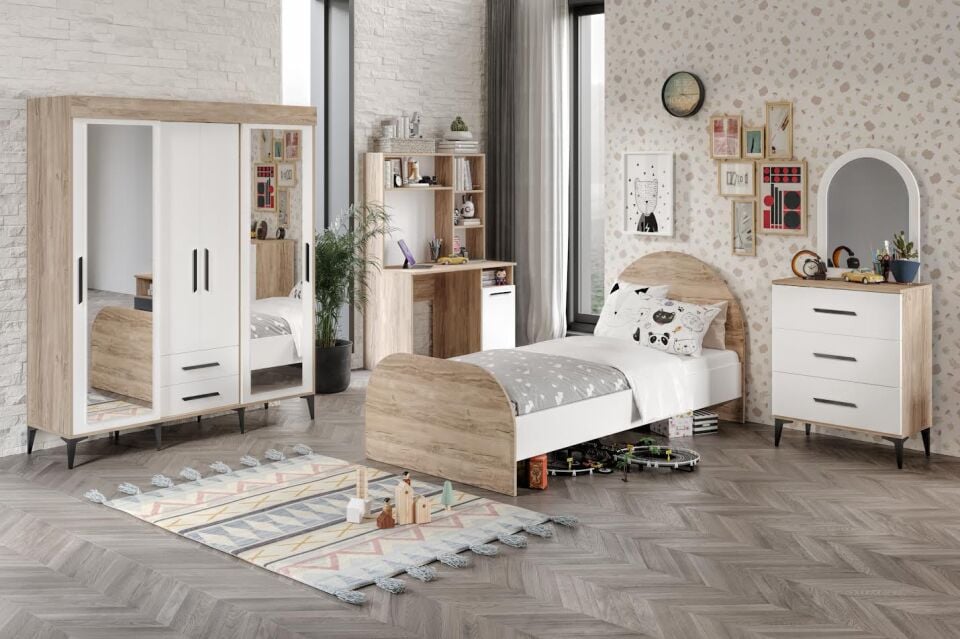 Ildır Çocuk Odası Takımı 4 Parça Tamamı Mdf Flora Beyaz Aynalı
