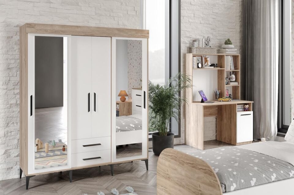 Ildır Çocuk Odası Takımı 4 Parça Tamamı Mdf Flora Beyaz Aynalı