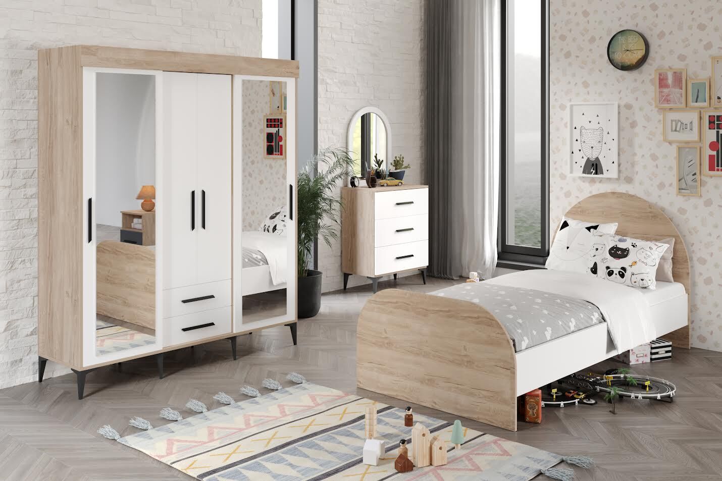 Ildır Çocuk Odası Takımı 3 Parça Tamamı Mdf Flora Beyaz Aynalı