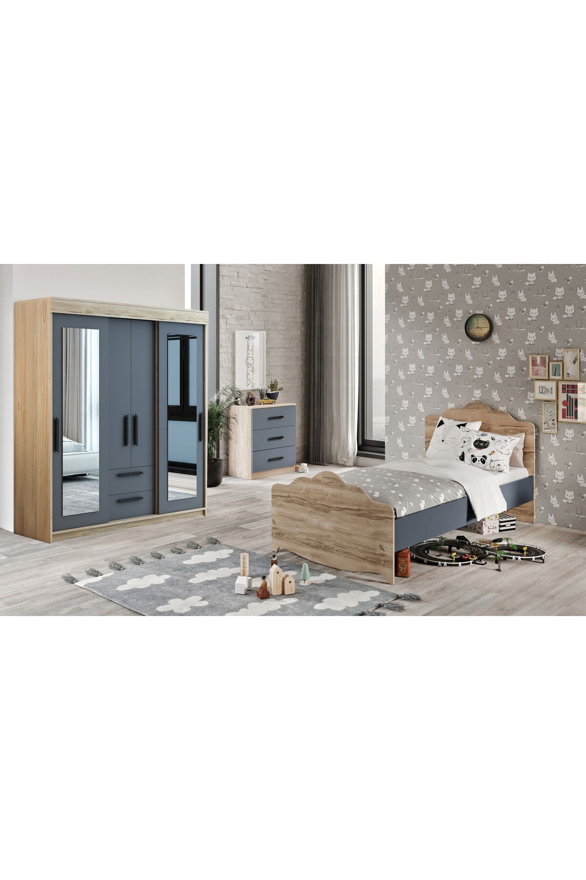 Izmir Çocuk Odası Takımı Tamamı Mdf Antrasit Ve Flora Aynalı