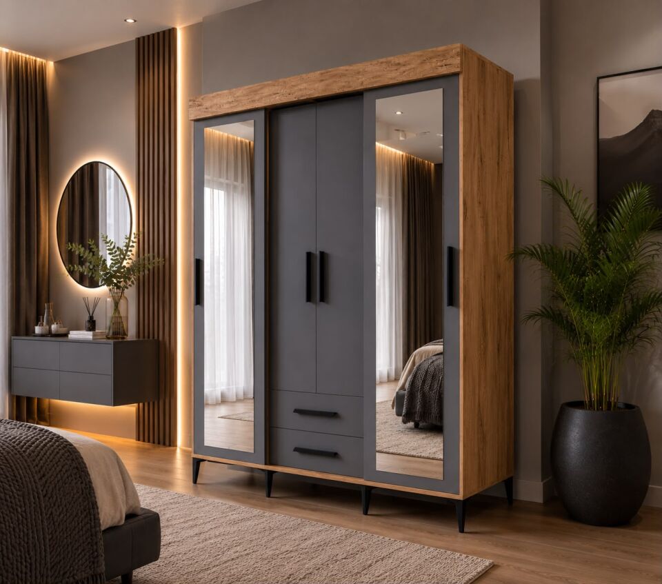 Izmir Çocuk Odası Takımı Tamamı Mdf Antrasit Ve Flora Aynalı