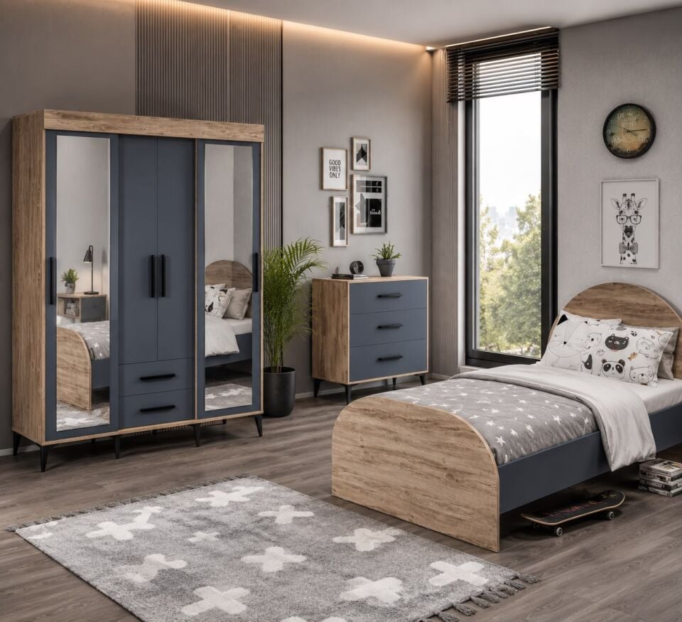 Izmir Çocuk Odası Takımı Tamamı Mdf Antrasit Ve Flora Aynalı