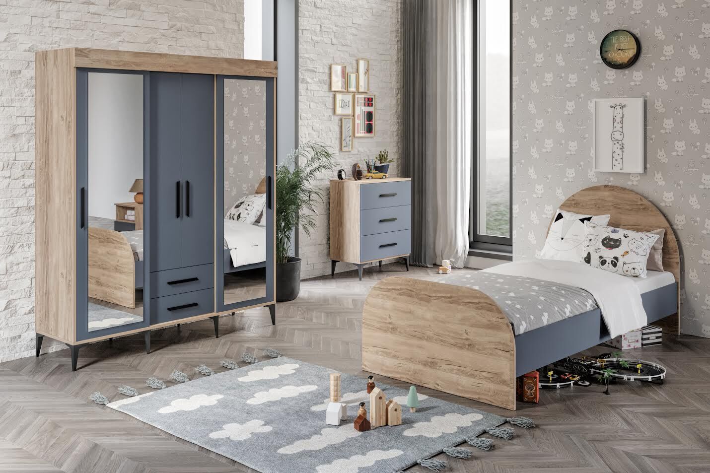 Izmir Çocuk Odası Takımı Tamamı Mdf Antrasit Ve Flora Aynalı