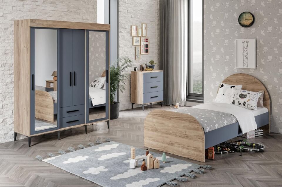 Izmir Çocuk Odası Takımı Tamamı Mdf Antrasit Ve Flora Aynalı